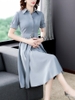 Mã B447: đầm váy sơ mi dài quá gối màu xanh
