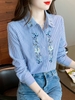 Mã L375: Áo sơ mi sọc nữ cao cấp nữ cao cấp tính khí thêu áo dài tay thiết kế áo sơ mi cotton độc đáo