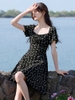 Mã M185: Đầm trà Mohan Yimei, chất liệu chiffon Pháp, họa tiết hoa, kiểu dáng lãng mạn