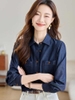 Mã K953: Áo sơ mi nữ cao cấp cao cấp denim cotton màu xanh đậm phong cách Hồng Kông