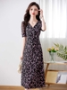 Mã L437: váy đẹp cao cấp mùa hè nữ cao cấp trung niên phong cách mới sang trọng xẻ tà cổ chữ V váy đẹp cao cấp khí chất