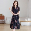 Mã M060: Đầm chiffon họa tiết hoa dành cho nữ ôm eo, cổ chữ V, đầm midi tay ngắn thanh lịch.