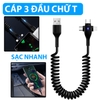 Cáp Sạc 3 Đầu X3 Chữ T Dây Lò Xo Dài 1.8 Mét Sạc Nhanh 66W Chất Liệu TPE