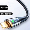 Cáp Sạc Điện Thoại TSV Sạc Nhanh PD 15W 30W Màu Đen Đầu Sạc Trong Suốt Dài 120Cm