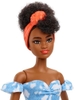 Mattel - Barbie Fashionista Doll, Off Shoulder Bleached Denim Dress, White Booties, Orange Hair Bandana, Curly Brown Hair (Large Item, Doll)