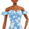 Mattel - Barbie Fashionista Doll, Off Shoulder Bleached Denim Dress, White Booties, Orange Hair Bandana, Curly Brown Hair (Large Item, Doll)