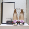 KG-Guốc Gucci màu nhũ bạc mũi đính hoa hồng tím size 36