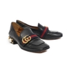 Giày Gucci Peyton Faux Pearl Mid Heel Loafers 36.5 Da Calfskin Màu Đen Khóa Vàng