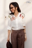 A314 Áo FORTUNA sơ mi linen pháp thêu hoa bách hợp 2 vai