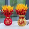 Set bình hoa túi tiền kèm cành đào đông đỏ và lúa mạch