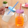 Ly quai thủy tinh in hình kèm nắm và ống hút 450ml