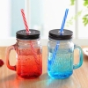Ly quai thủy tinh in hình kèm nắm và ống hút 450ml