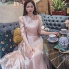 Áo Dài Cách Tân Nữ Thiết Kế Tay Bồng Lụa Tơ Hồng Da Nude Be 4 Tà Ren Hoa Cao Cấp Dự Tiệc Lễ Tết Đẹp