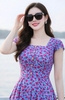 Đầm cổ vuông tay chờm xanh hoa hồng