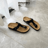 Dép Birken đế trấu nam nữ kẹp ngón chữ T màu Đen - DETA11