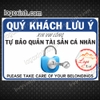 LOGO STICKER TẤM DÁN BIỂN NHẮC NHỞ KHÁCH HÀNG TỰ BẢO QUẢN TÀI SẢN, ĐỒ ĐẠC CÁ NHÂN - TAKE CARE OF YOUR BELONGINGS