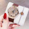 Set Đồng hồ nữ X-cer chính hãng dây cao su nâu vỏ vàng hồng size 34mm - Mặt đồng hồ đính đá