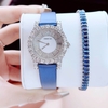 Set đồng hồ nữ chính hãng Roberto Era RE8348 dây da lụa xanh size 32mm mặt đính đá - Kèm dây kim loại và phụ kiện