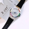 Set Đồng hồ nữ X-cer chính hãng dây cao su đen vỏ bạc size 34mm - Mặt đồng hồ đính đá màu