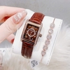 Set Đồng Hồ Nữ Roberto Era Dây Da Nâu Mặt Chữ Nhật Size 28mm Viền Mặt Đính Đá Vỏ Rose Gold RE350