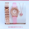 Set đồng hồ nữ chính hãng Roberto Era RE834 dây da lụa hồng size 32mm mặt đính đá kèm dây kim loại và phụ kiện màu vàng hồng