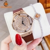 Set Đồng hồ nữ X-cer chính hãng dây cao su nâu vỏ vàng hồng size 34mm - Mặt đồng hồ đính đá