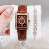 Set Đồng Hồ Nữ Roberto Era Dây Da Nâu Mặt Chữ Nhật Size 28mm Viền Mặt Đính Đá Vỏ Rose Gold RE350