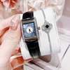 Set Đồng Hồ Nữ Roberto Era Dây Da Đen Xà Cừ Mặt Chữ Nhật Size 28mm Viền Mặt Đính Đá Vỏ Silver RE350