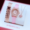 Set đồng hồ nữ chính hãng Roberto Era RE834 dây da lụa hồng size 32mm mặt đính đá kèm dây kim loại và phụ kiện màu vàng hồng