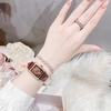 Set Đồng Hồ Nữ Roberto Era Dây Da Nâu Mặt Chữ Nhật Size 28mm Viền Mặt Đính Đá Vỏ Rose Gold RE350