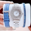 Set đồng hồ nữ chính hãng Roberto Era RE8348 dây da lụa xanh size 32mm mặt đính đá - Kèm dây kim loại và phụ kiện