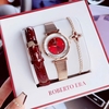 Set đồng hồ nữ chính hãng Roberto Era RE0848 dây da đỏ vỏ rose size 32mm kèm bộ dây kim loại và phụ kiện