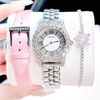 Set đồng hồ nữ chính hãng Roberto Era RE834 dây da lụa hồng size 32mm mặt đính đá - Kèm dây kim loại và phụ kiện