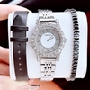 Set đồng hồ nữ chính hãng Roberto Era RE8344 dây da lụa đen size 32mm mặt đính đá - Kèm dây kim loại và phụ kiện