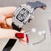 Set Đồng Hồ Nữ Hanboro Mặt Nhện Dây Cao Su Đen Chính Hãng Đính Đá Silver Size 31x44mm Quartz Tặng Kèm Lắc Tay