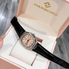 Đồng Hồ Hanboro Nữ Chính Hãng Dây Da Đen Mặt Cam Sữa Viền Đính Đá Size 34mm Quartz Japan Tặng Kèm Vòng Tay