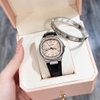 Đồng Hồ Hanboro Nữ Chính Hãng Dây Da Đen Mặt Cam Sữa Viền Đính Đá Size 34mm Quartz Japan Tặng Kèm Vòng Tay