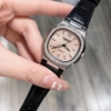 Đồng Hồ Hanboro Nữ Chính Hãng Dây Da Đen Mặt Cam Sữa Viền Đính Đá Size 34mm Quartz Japan Tặng Kèm Vòng Tay