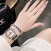 Đồng Hồ Hanboro Nữ Chính Hãng Dây Da Đen Mặt Cam Sữa Viền Đính Đá Size 34mm Quartz Japan Tặng Kèm Vòng Tay
