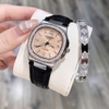 Đồng Hồ Hanboro Nữ Chính Hãng Dây Da Đen Mặt Cam Sữa Viền Đính Đá Size 34mm Quartz Japan Tặng Kèm Vòng Tay