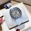 Đồng Hồ Hanboro Nữ Dây Da Trắng Mặt Viền Đá Ruby Xanh Bo Tròn Size 34mm Quartz Japan