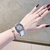 Đồng Hồ Hanboro Nữ Dây Da Trắng Mặt Viền Đá Ruby Xanh Bo Tròn Size 34mm Quartz Japan