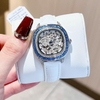 Đồng Hồ Hanboro Nữ Dây Da Trắng Mặt Viền Đá Ruby Xanh Bo Tròn Size 34mm Quartz Japan