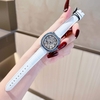 Đồng Hồ Hanboro Nữ Dây Da Trắng Mặt Viền Đá Ruby Xanh Bo Tròn Size 34mm Quartz Japan