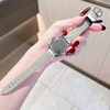 Đồng Hồ Hanboro Nữ Dây Da Trắng Mặt Viền Đá Ruby Xanh Bo Tròn Size 34mm Quartz Japan