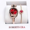 Set Đồng Hồ Lắc Tay Nữ Roberto Era Horsebit Dây Rose Gold Mặt Đỏ Size 28mm - RE9201