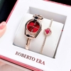 Set Đồng Hồ Lắc Tay Nữ Roberto Era Horsebit Dây Rose Gold Mặt Đỏ Size 28mm - RE9201