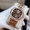 Đồng Hồ Nam Hanboro Máy Tự Động Mặt Nâu Viền Đá Kim Loại Vàng Hồng Size 42mm