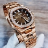 Đồng Hồ Nam Hanboro Máy Tự Động Mặt Nâu Viền Đá Kim Loại Vàng Hồng Size 42mm