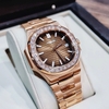 Đồng Hồ Nam Hanboro Máy Tự Động Mặt Nâu Viền Đá Kim Loại Vàng Hồng Size 42mm